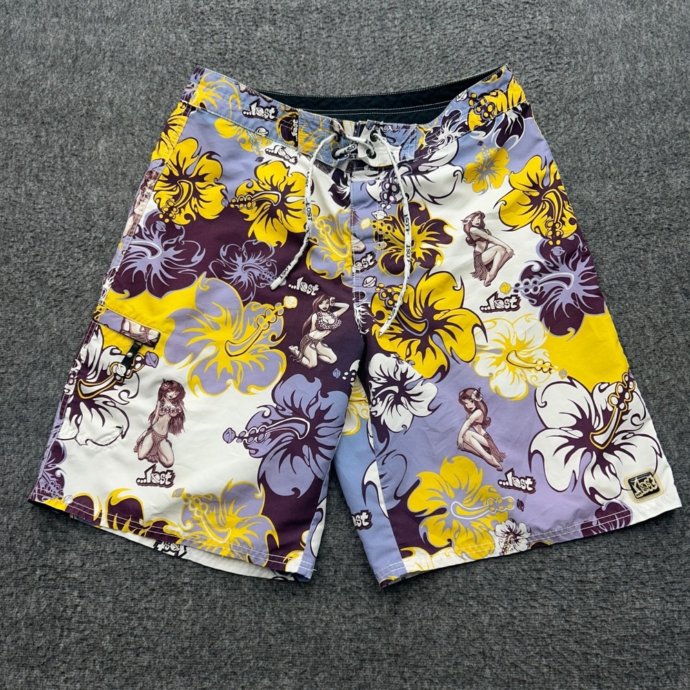 Vintage Y2k Lost Enterprises Hawaiian Floral Hula Girl Board Shorts 34 Surf